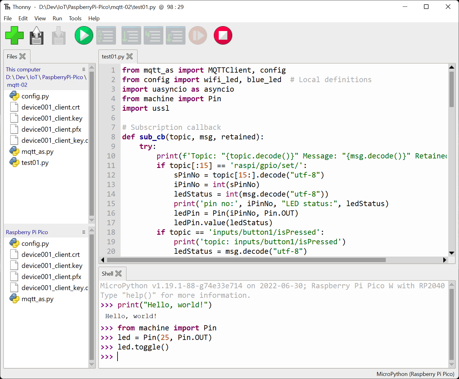 Real Thonny window connected to a Raspberry Pi Pico. Files on this computer and the Pico are on the left, the Python editor is upper right, the Shell is lower right, and the status bar says MicroPython Raspberry Pi Pico.